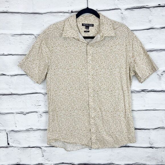 Michael Kors Men's Beige Graphic Print Short Sleeve Button-Up Shirt L - Picture 1 of 7